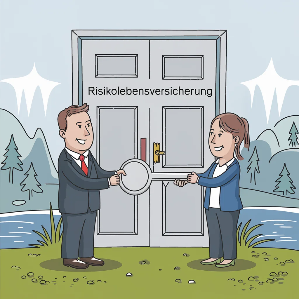 Versicherer und Versicherungsmakler halten einen Schlüssel zu einer Tür mit dem Wort "Risikolebensversicherung"