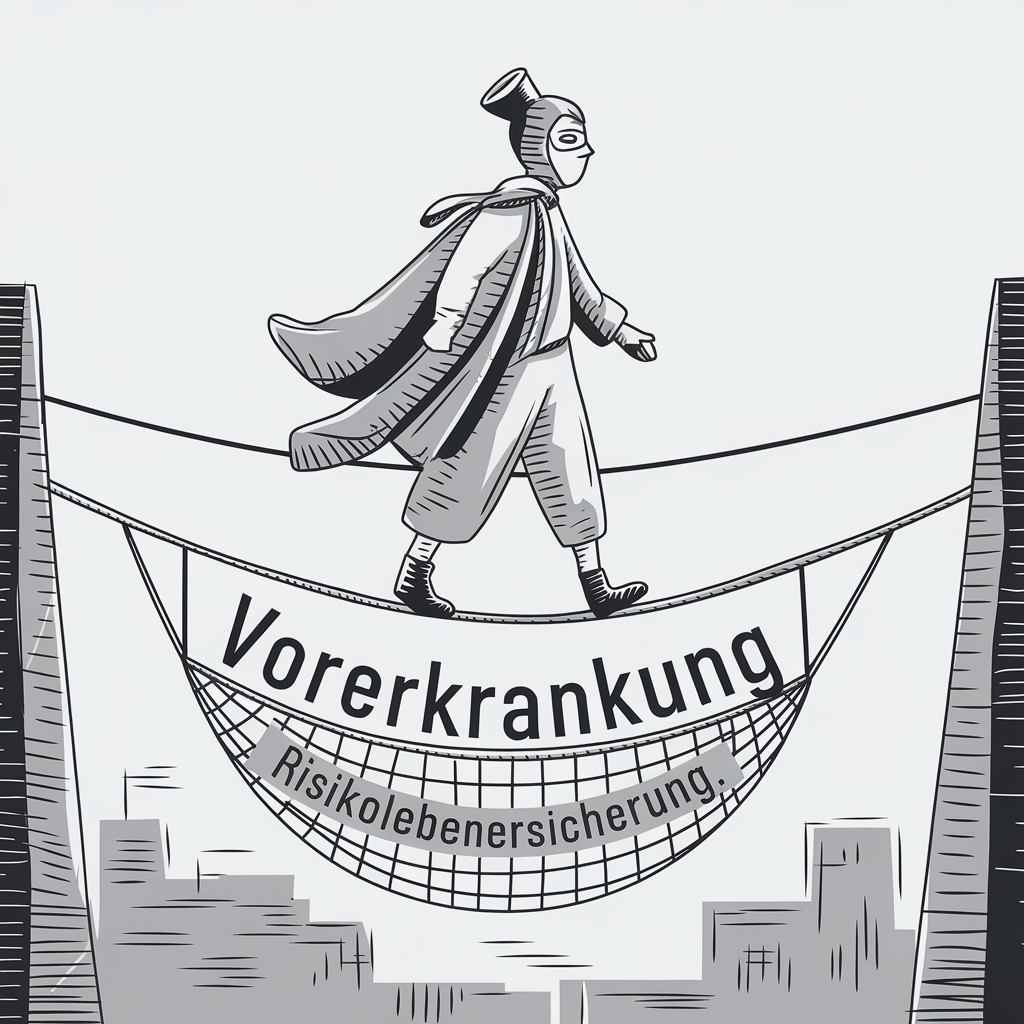 Eine Person geht über ein zwischen Hochhäusern hängendes Seil und wir von einem Netz mit der Aufschrift "Risikolebensversicherung" abgesichert