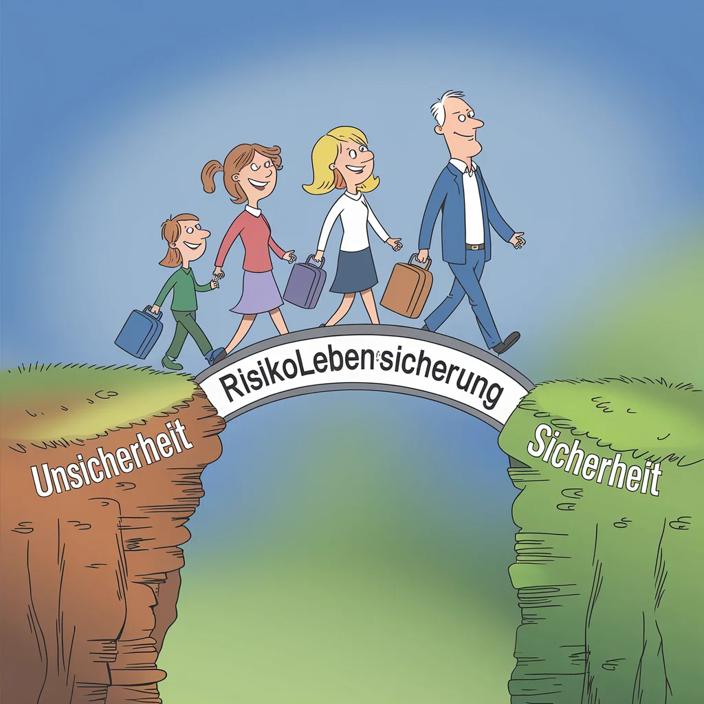 Eine Familie überquert eine Brücke auf der "Risikolebensversicherung" steht und gelangt dadurch auf die sichere Seite