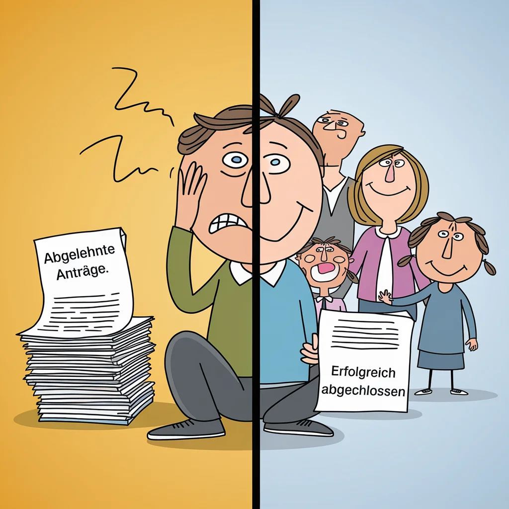 Ein Versicherungsnehmer der einerseits verzweifelt ist aufgrund abgelehnter Anträge aber andererseits glücklich ist wenn er seine Familie absichern kann durch eine Versicherung